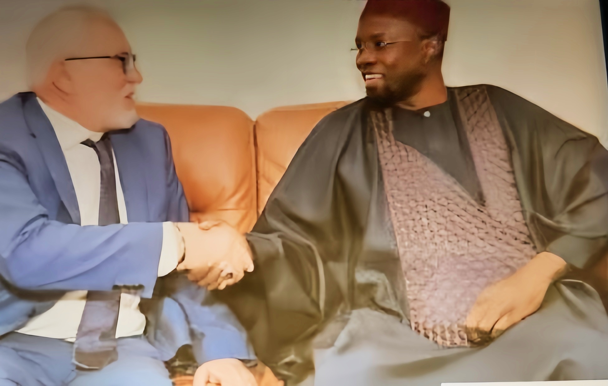 Prime Minister Ousmane Sonko meeting with Lebanese-born businessman Mohamed Jamil Derbah (Picture from Madiambal Daigne's X Feed)